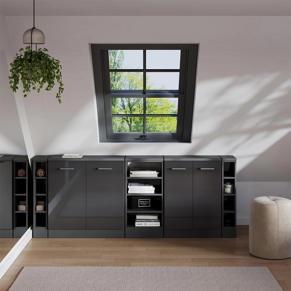 Set di mobili sottotetto Rion, Antracite lucido, 210 cm Set di 5 carcasse armadio profondità 60 cm, adatto per il salvaspazio sotto tetti spioventi