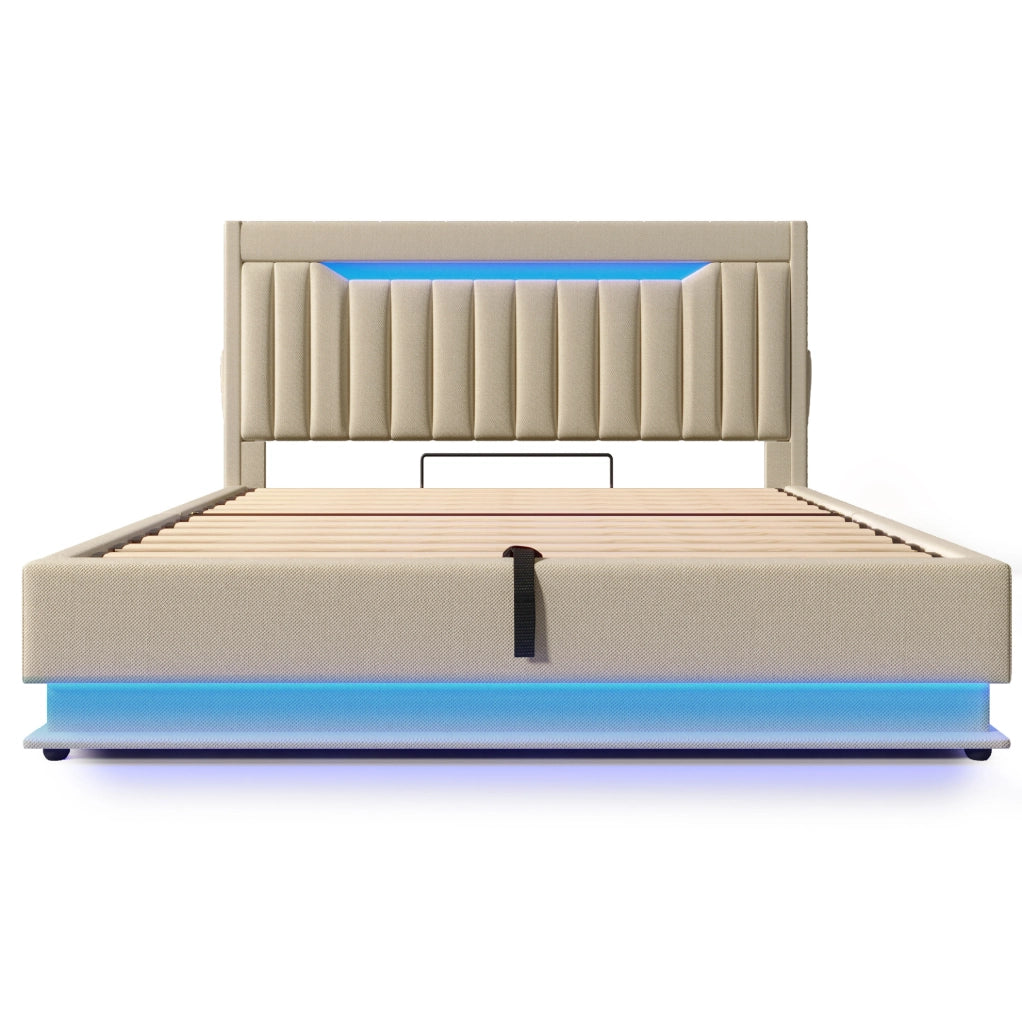 Letto matrimoniale 140x200 cm con contenitore; LED; USB e Type-C; beige in lino