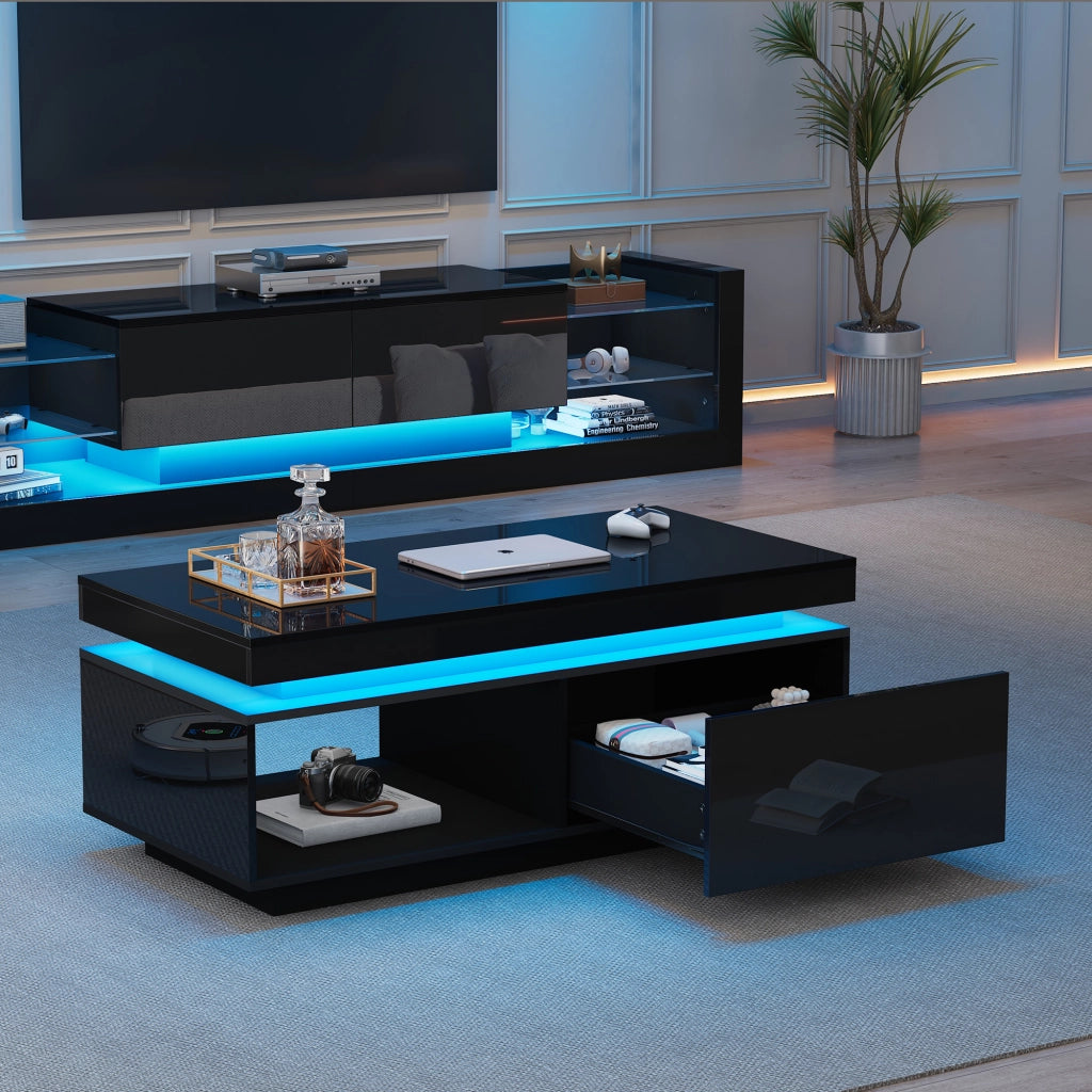 Set di Mobili da Soggiorno con 1 Mobile TV e 1 Tavolino; Illuminazione LED; per Soggiorno; Pannelli di Particelle; Nero