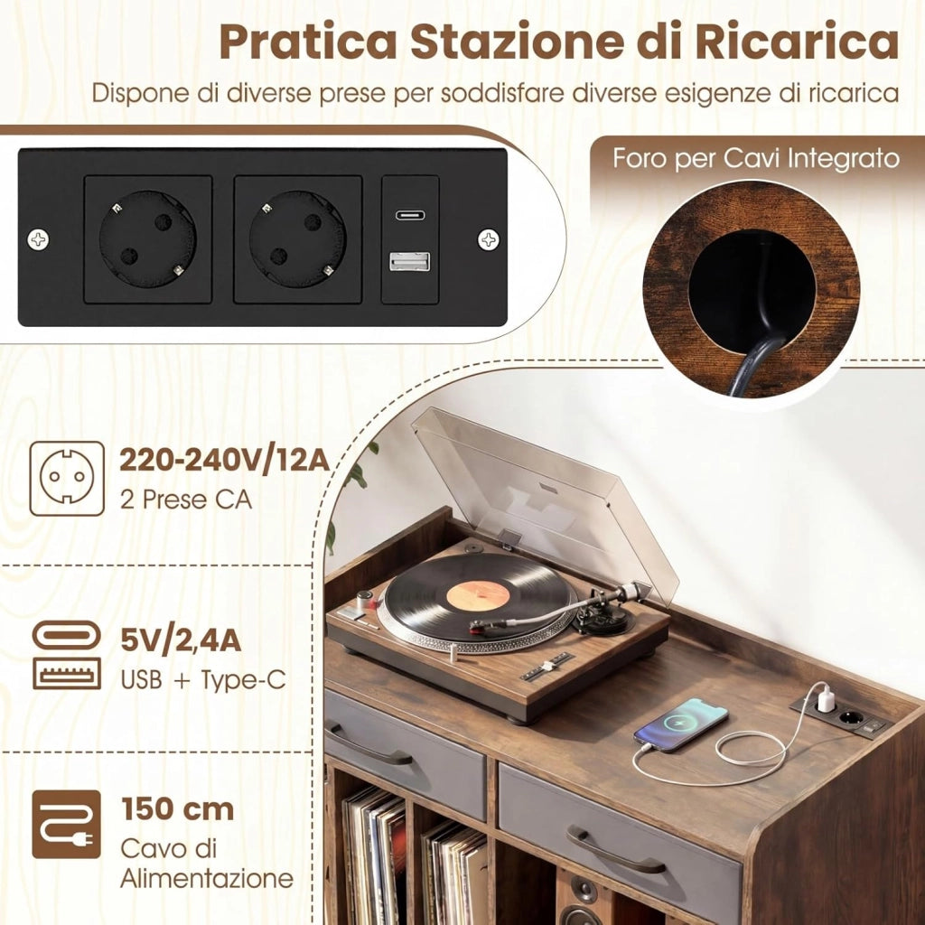 Supporto per Giradischi in Vinile, Mobile per Giradischi con Stazione di Ricarica, 2 Cassetti Rimovibili in Tessuto e Ripiano Regolabile, Supporto Porta Dischi Vinile per Soggiorno, Studio