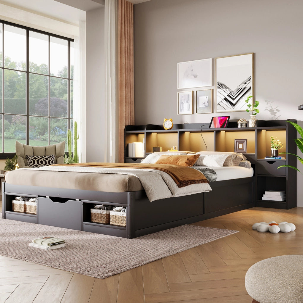 Letto platform 140 x 200 cm con 3 cassetti; vani portaoggetti; LED e USB; nero