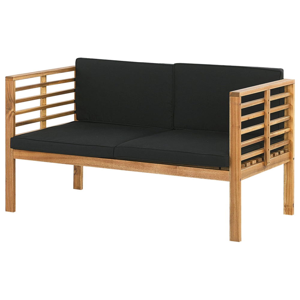 Set Conversazione Giardino Legno Acacia Cuscini Neri Moderno Esterno 4 Posti con Tavolino