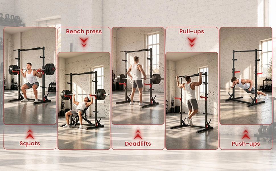 Squat Rack Multifunzione All-in-One e Supporto per Bilanciere con Barre di Sicurezza Antiscivolo, Carico Massimo 300 kg