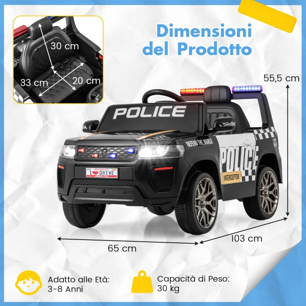 Auto della polizia per bambini con telecomando connessione wireless musica clacson sirena e luci LED, Auto elettrica Nero-Macchinine giocattoli