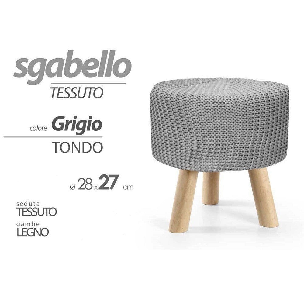Trade Shop - Pouf Sgabello Poggiapiedi Tondo Pouff Piedi Legno Tessuto Grigio 28x27cm 827730 -
