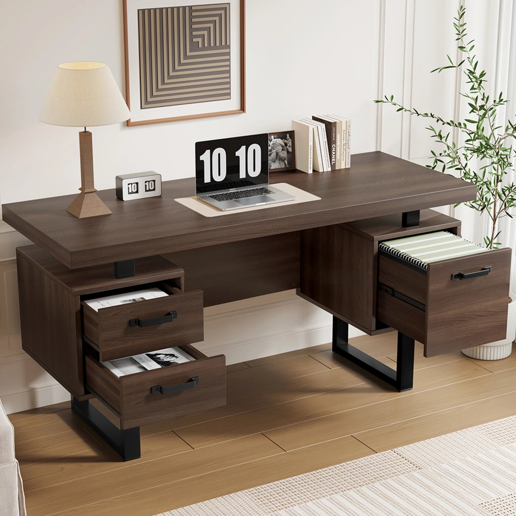 Scrivania lineare con 2 cassetti e vano per raccoglitori, in MDF e metallo, per ufficio, marrone, 135 × 54 cm