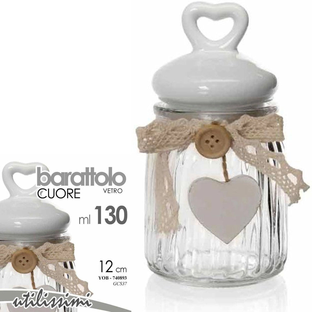 Trade Shop - Barattolo 130ml In Vetro Tappo Cuore Bianco Bomboniera Contenitore 12cm 740893 -