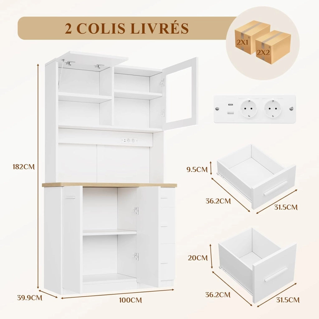 Mobile da cucina, credenza, armadio alto con prese di corrente e strisce LED 3000 K, con piano di lavoro da 24 mm, ripiani regolabili, 3 cassetti, 100 x 40 x 182 cm (Bianco)