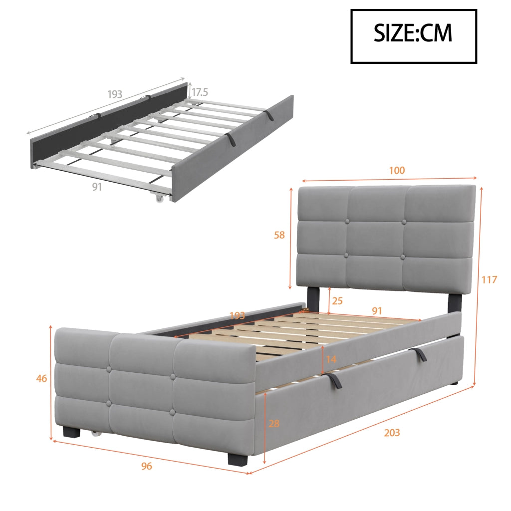 LETTO per bambini 90x190 cm con letto estraibile in velluto grigio