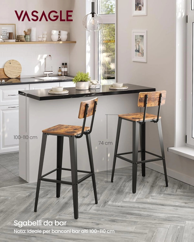 VASAGLE Sgabelli da Bar, Set da 2, Sgabelli Cucina, con Schienale, Struttura in Acciaio, Facile da Montare, Sgabelli Alti, Stile Industriale, Marrone Vintage e Nero LBC078B01