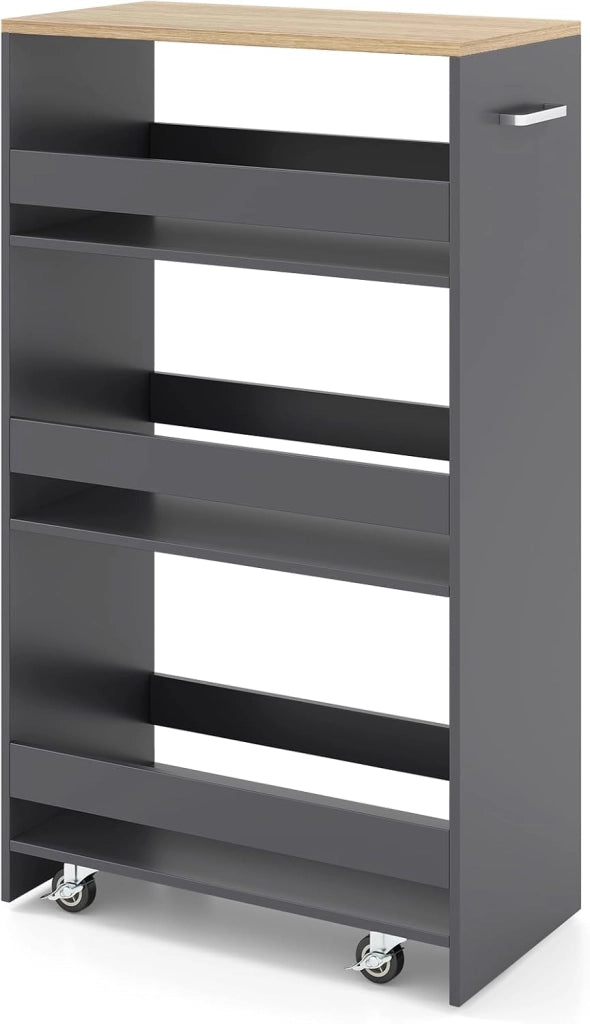 Carrello per Nicchia con Ruote, 4 Livelli，Carrello di Servizio Stretto Salvaspazio, da Bagno, Scaffale da Cucina Sottile 47,5 x 13 x 80,5 cm (Naturale+Grigio, Largo 25 cm)