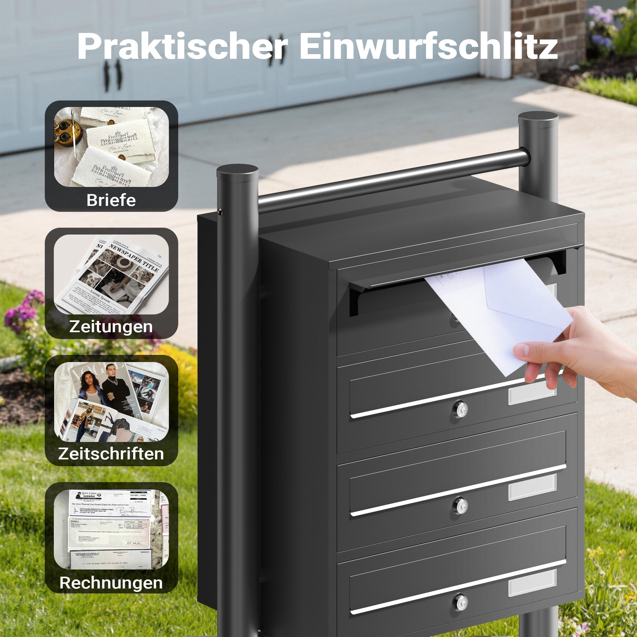 Cassetta postale condominiale autoportante 4 posti, 1 modulo, nero 556 x 270 x 1500 mm