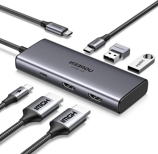 Hub USB C 6 in 1 a doppio schermo - Porte USB C/USB A doppie - Uscita HDMI doppia - Ricarica rapida PD 100W