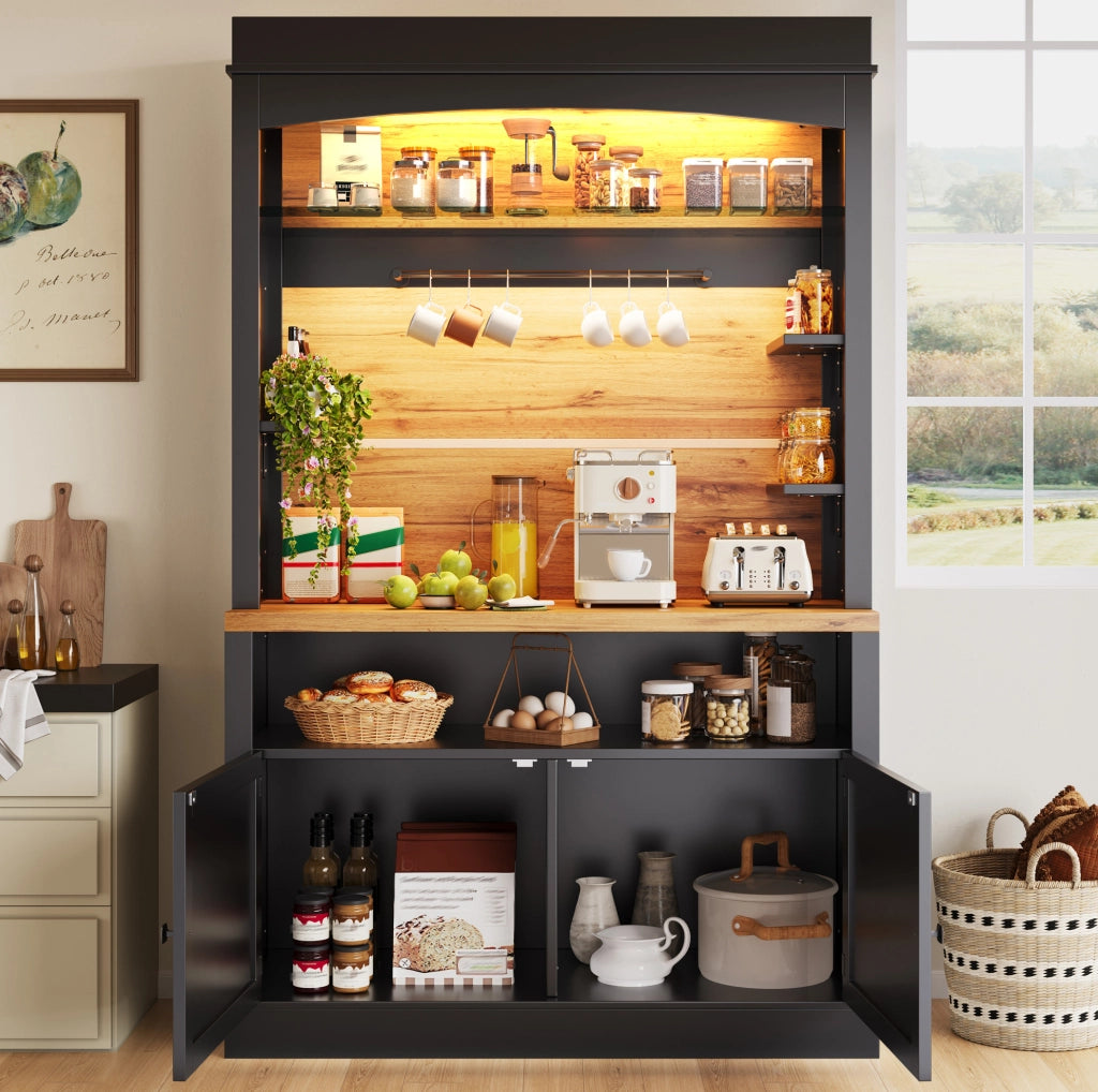 Credenza cucina 107x43x184 cm con illuminazione LED; ripiani aperti; MDF e metallo; nero