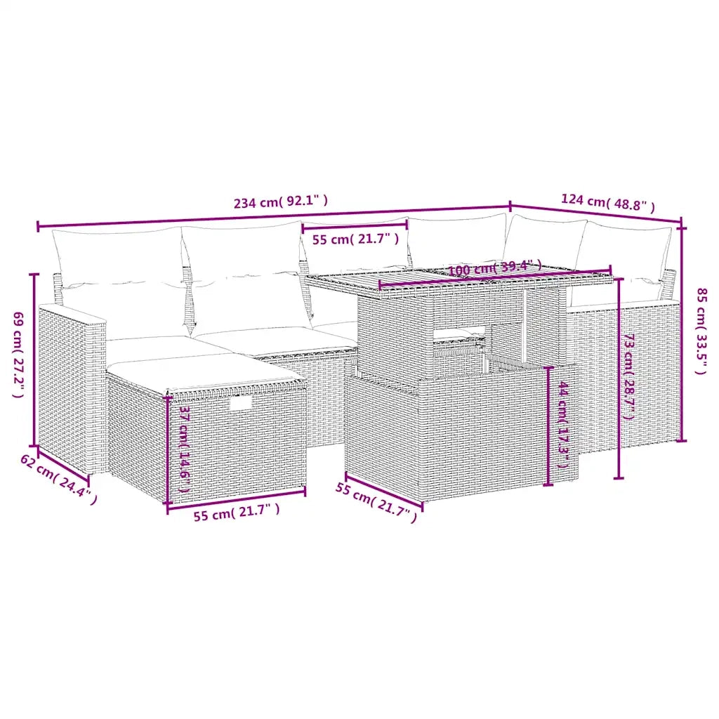 Set Divani da Giardino 7 pz con Cuscini Beige in Polyrattan 3276040