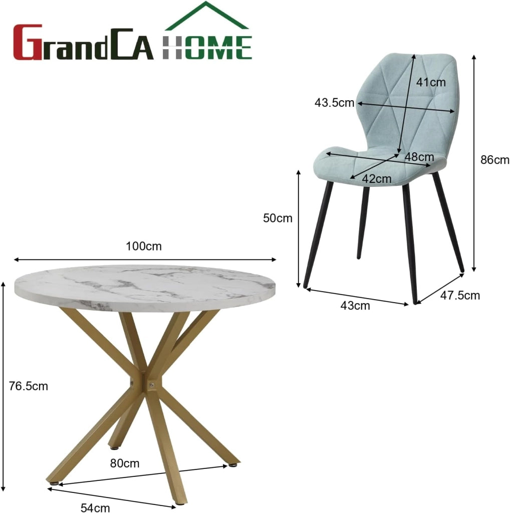 GrandCA HOME Set Tavolo e Sedie da Pranzo, Tavolo da Pranzo Rotondo da 100 CM e 4 Sedie Moderne in Lino, per Sala da Pranzo, Cucina, Soggiorno (Marmo + Menta)