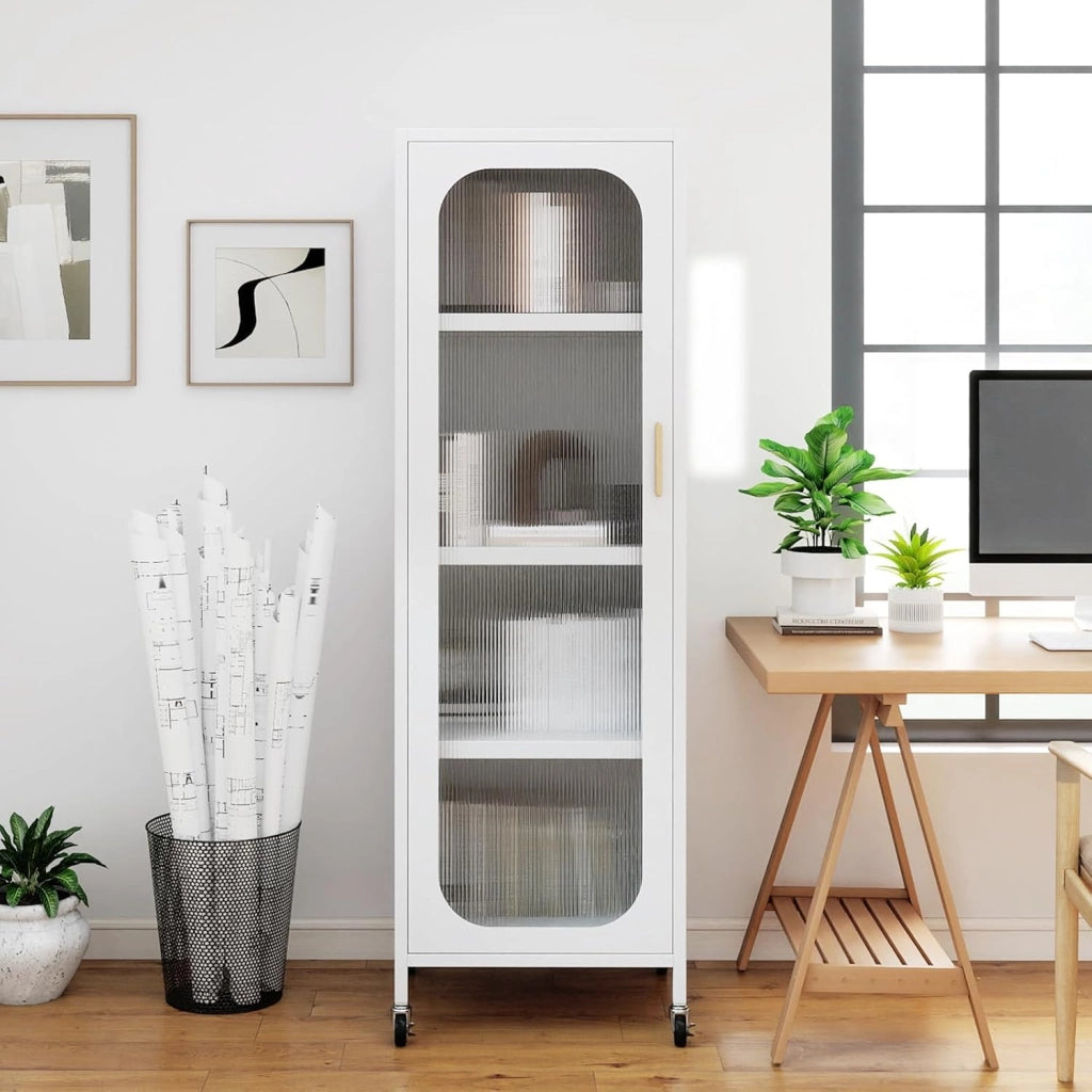 Mobile da Cucina in Metallo a 5 Ripiani, Credenza Salvaspazio con Mensole Regolabili 4 Ruote, Base Intercambiabile e Porta Semitrasparente, Organizzatore per Sala da Pranzo, Soggiorno (Bianco)