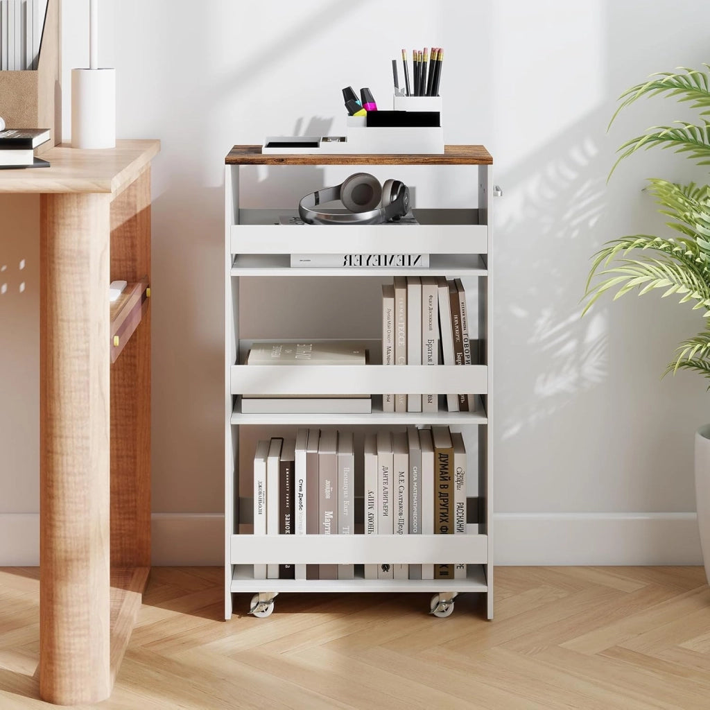 Carrello per Nicchia con Ruote, 4 Livelli，Carrello di Servizio Stretto Salvaspazio, da Bagno, Scaffale da Cucina Sottile 47,5 x 13 x 80,5 cm (Industriale+Bianco, Largo 25 cm)