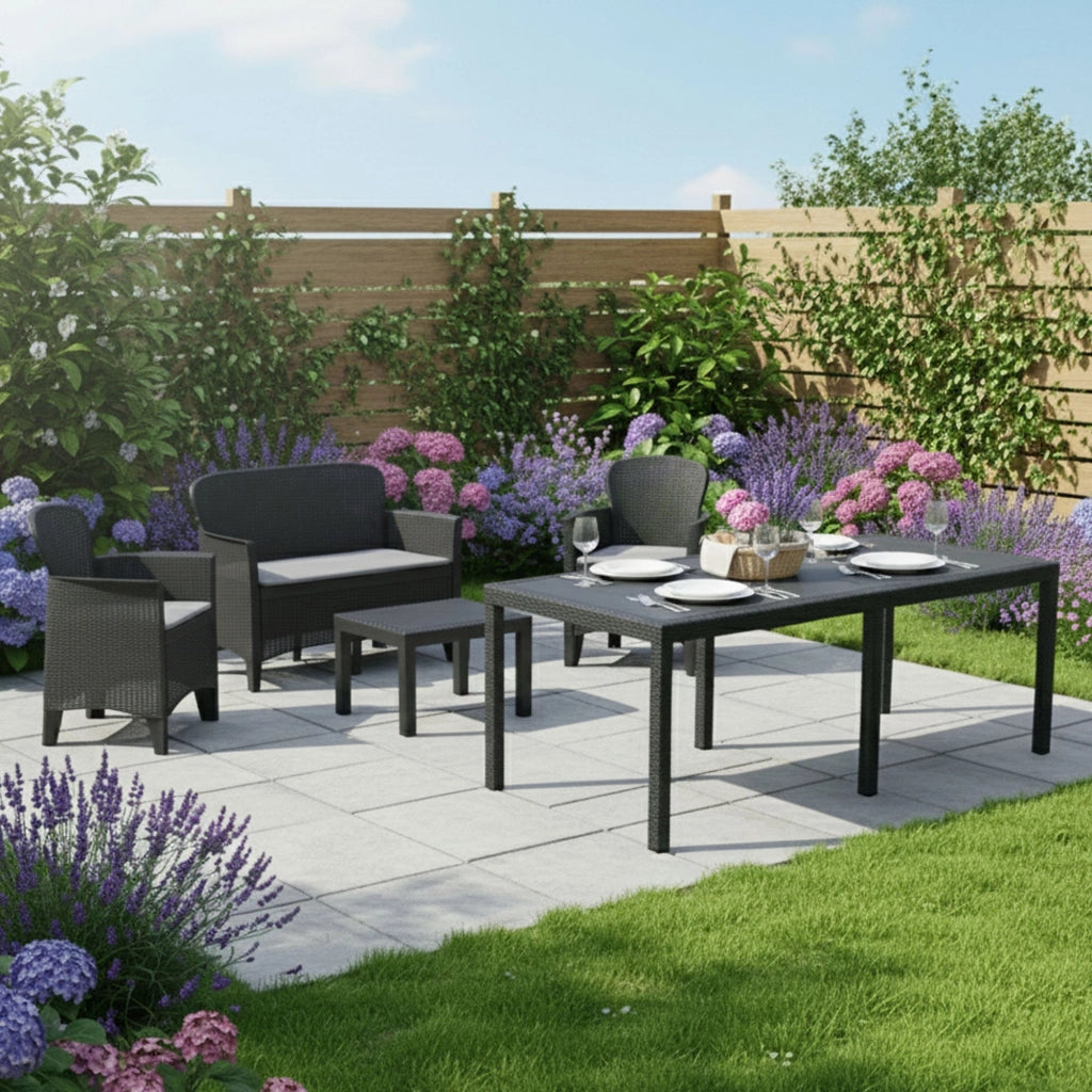 Salottino Outdoor Domaso, set Salotto da Esterno Salottino 4 Posti, Tavolo 10 Posti Posti Made in Italy, Nero Antracite