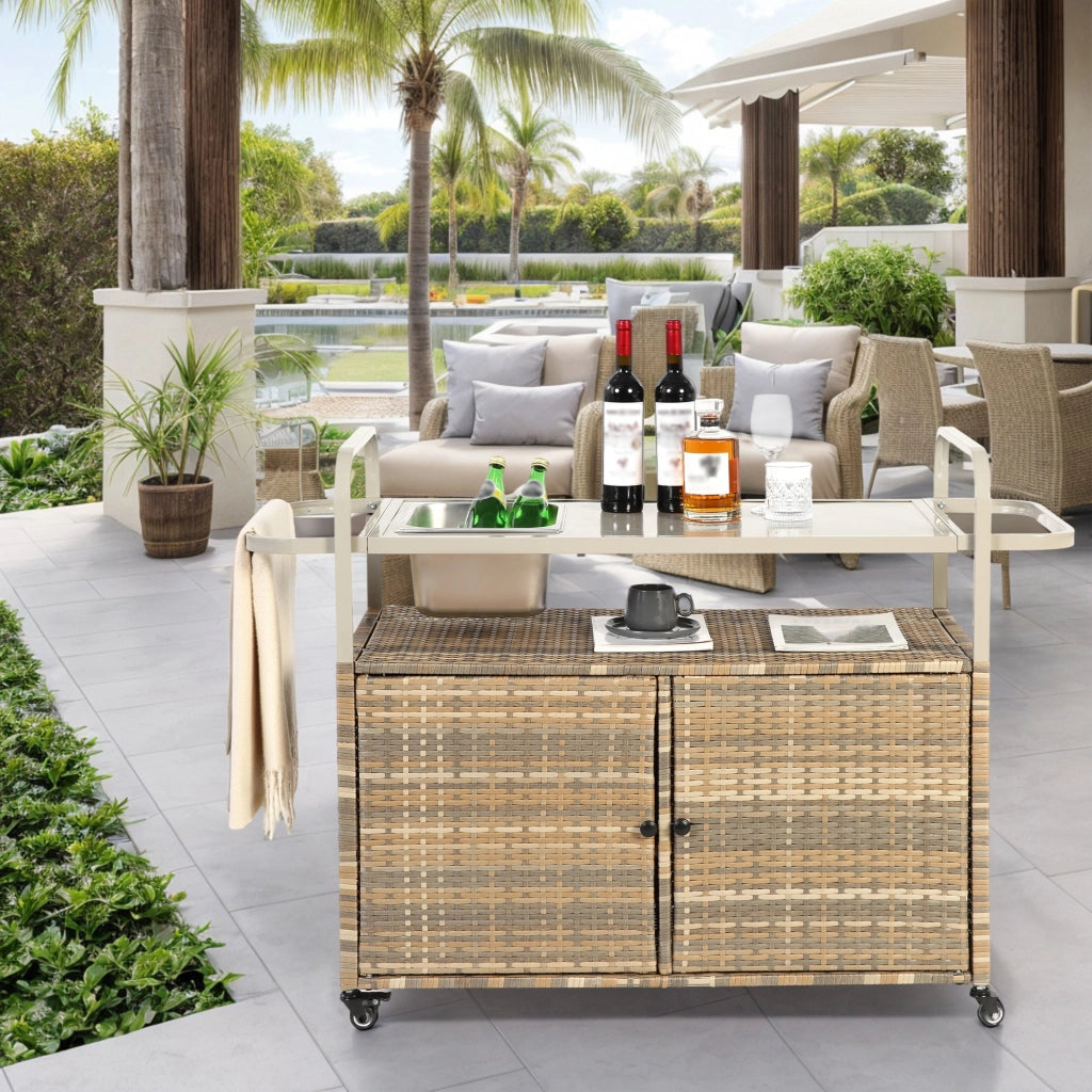 Carrello Bar da Giardino in Polyrattan con Ripiano in Acciaio ¨C MINIMAL ¨C Beige