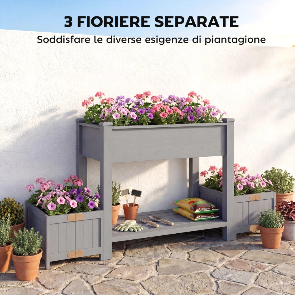 Fioriera Rialzata con 2 Vasi Laterali e Ripiano per Attrezzi, in Legno di Abete, 149x46x76 cm, Grigio