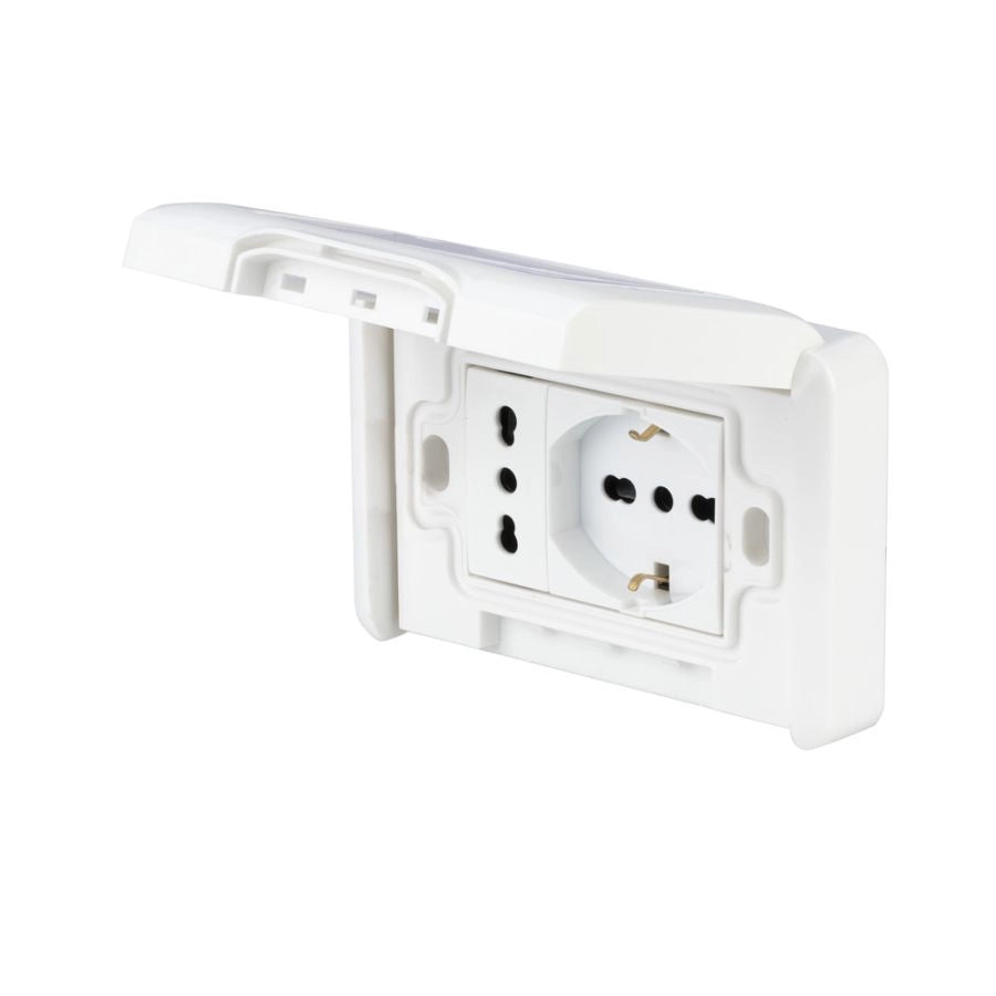 PLACCA PREMONTATA FRUTTO 10-16A E PRESA BIVALENTE 10/16A BIANCO DI POLY POOL