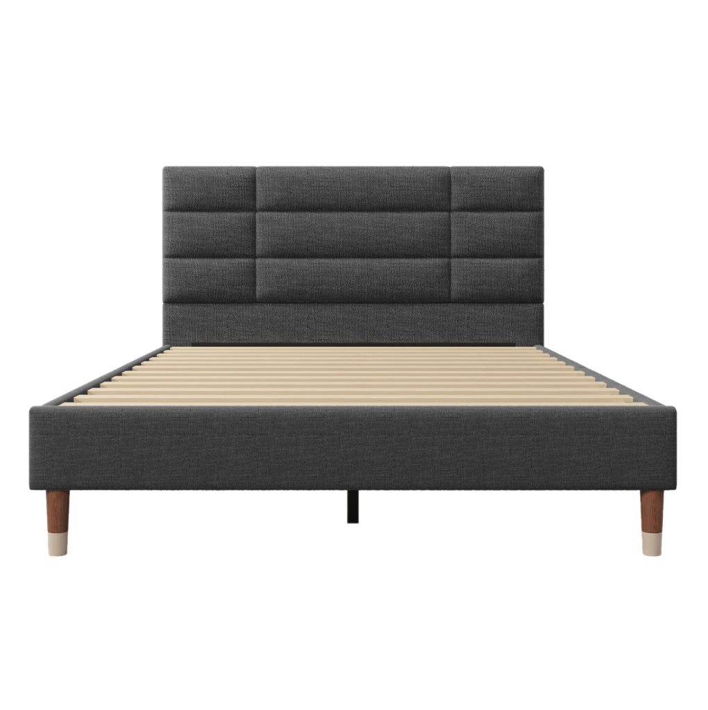 Letto matrimoniale 140x200 cm imbottito con rete a doghe; grigio; struttura in legno