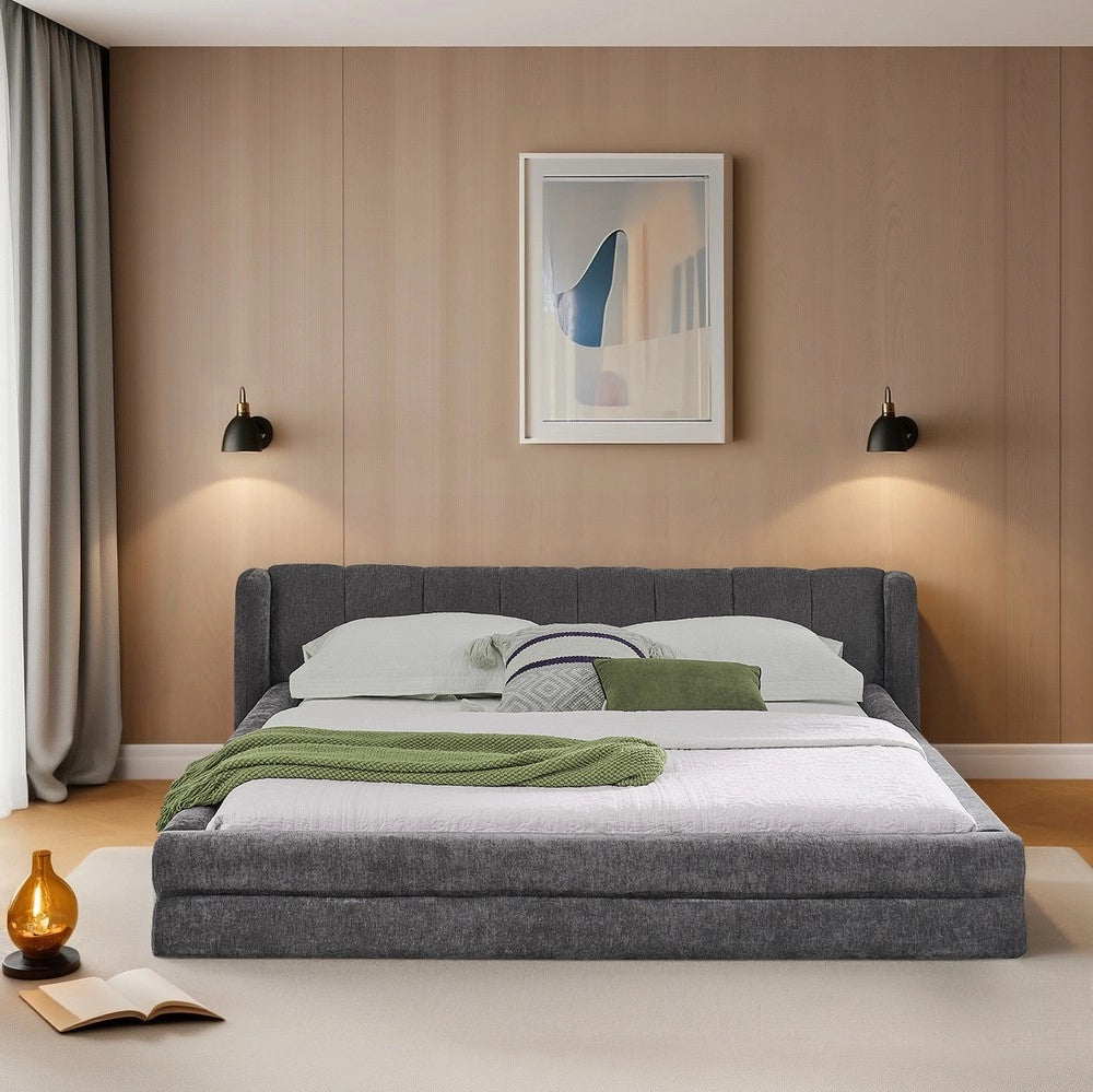 Letto Matrimoniale Imbottito ¨C MINIMAL ¨C Tessuto Chenille, Grigio Scuro, 160x200