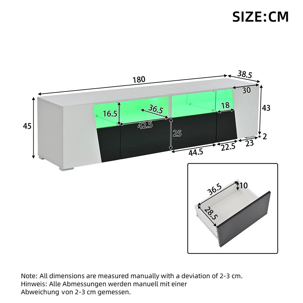 Mobile TV 180x38.5x45cm - Xylo - Luci LED, 2 Ante e 2 Cassetti, Bianco e Nero