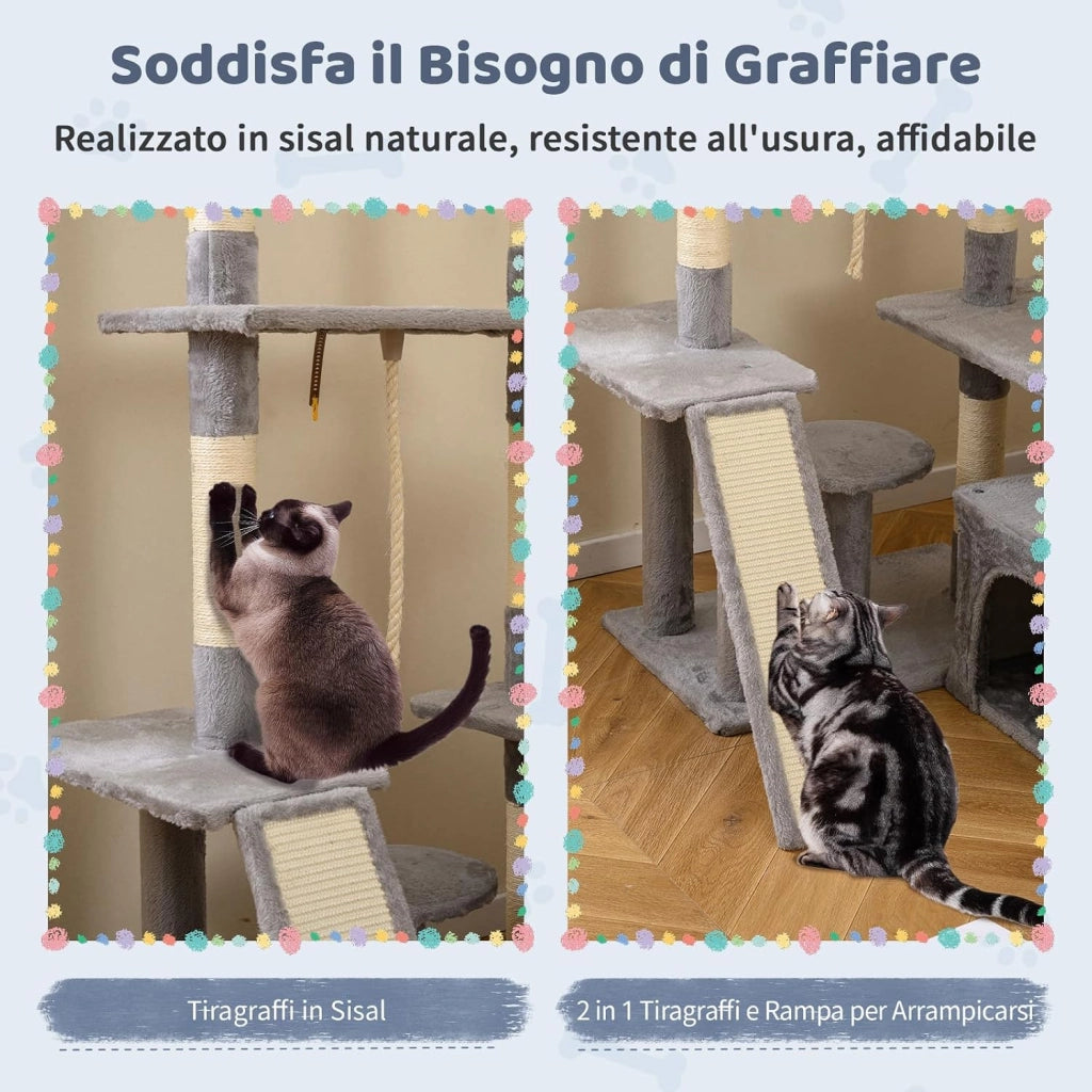 Albero per Gatti Alto 136 cm, Tiragraffi per Gatti da Interno con Tiragraffi, Rampa, 2 Posatoi Imbottiti, Ampio Condo, Palline Pendenti, Corda Appesa e Piattaforma Multilivello (Grigio Chiaro)
