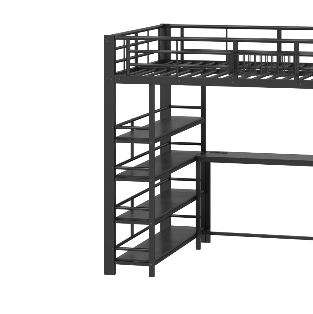 Letto a soppalco 140x200 cm con scrivania, LED e ricarica in metallo nero