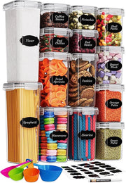Set di Contenitori Aria Tettura - 14 pz - Contenitori di Stoccaggio & Conservazione - Materiale BPA-Resistente con Tappi per Muesli, Fiori & Zucchero - Set di Etichette, Penna & Cucchiaio