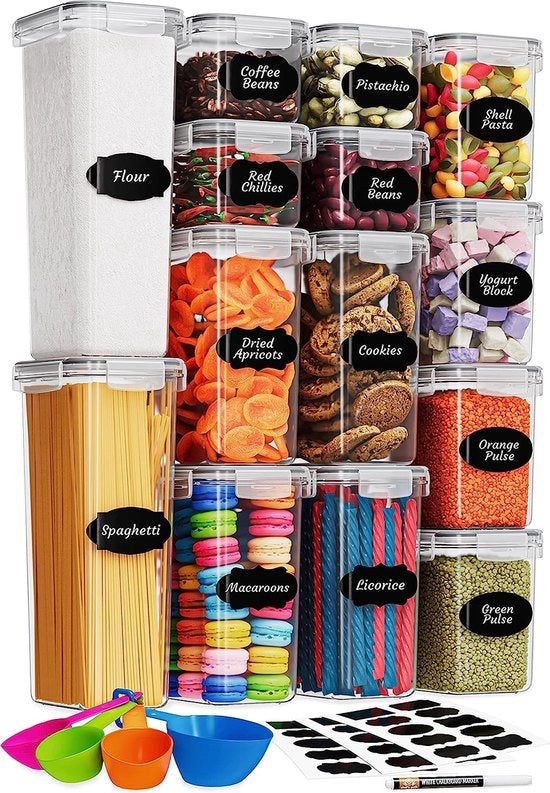 Set di Contenitori Aria Tettura - 14 pz - Contenitori di Stoccaggio & Conservazione - Materiale BPA-Resistente con Tappi per Muesli, Fiori & Zucchero - Set di Etichette, Penna & Cucchiaio