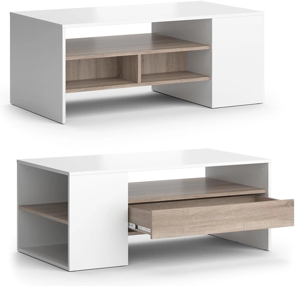 Tavolino Fabien, Bianco, 110 x 60 cm, con ripiani aperti per organizzare gli accessori per la casa