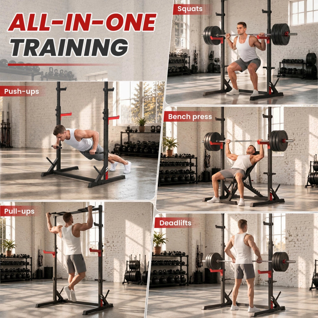 Squat Rack Multifunzione All-in-One e Supporto per Bilanciere con Barre di Sicurezza Antiscivolo, Carico Massimo 300 kg