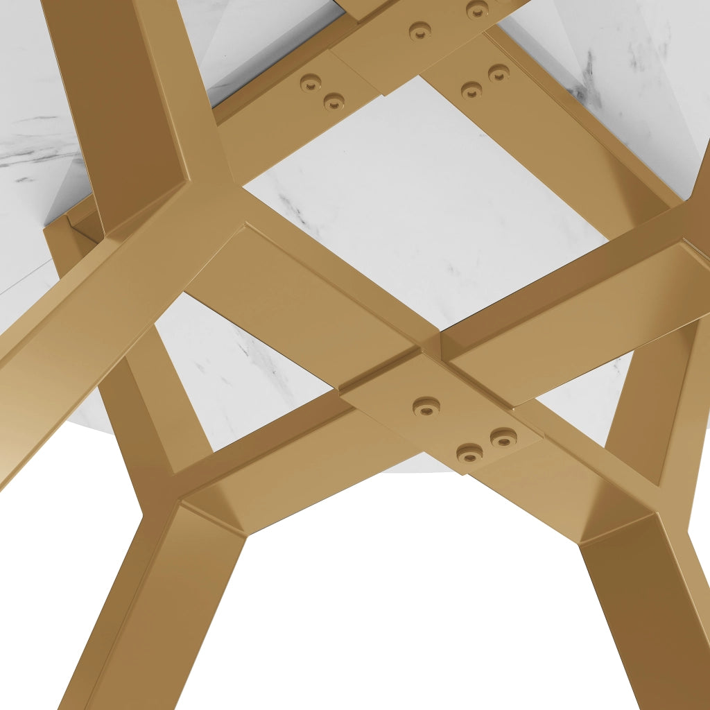 Tavolo da pranzo rotondo in MDF effetto marmo bianco con struttura metallica dorata a X, diametro 50 cm