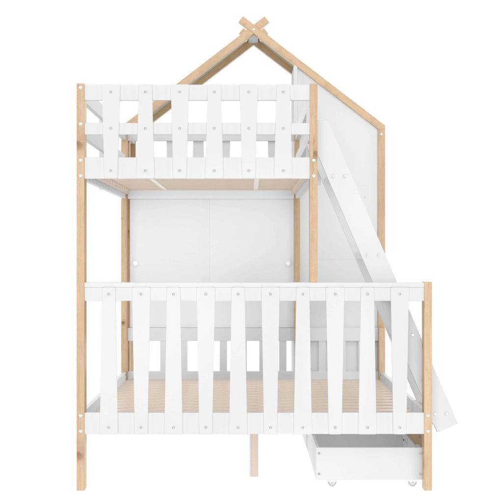 Letto a castello per bambini 90x200 cm + 140x200 cm con scala; 2 cassetti e contenitori; bianco e naturale
