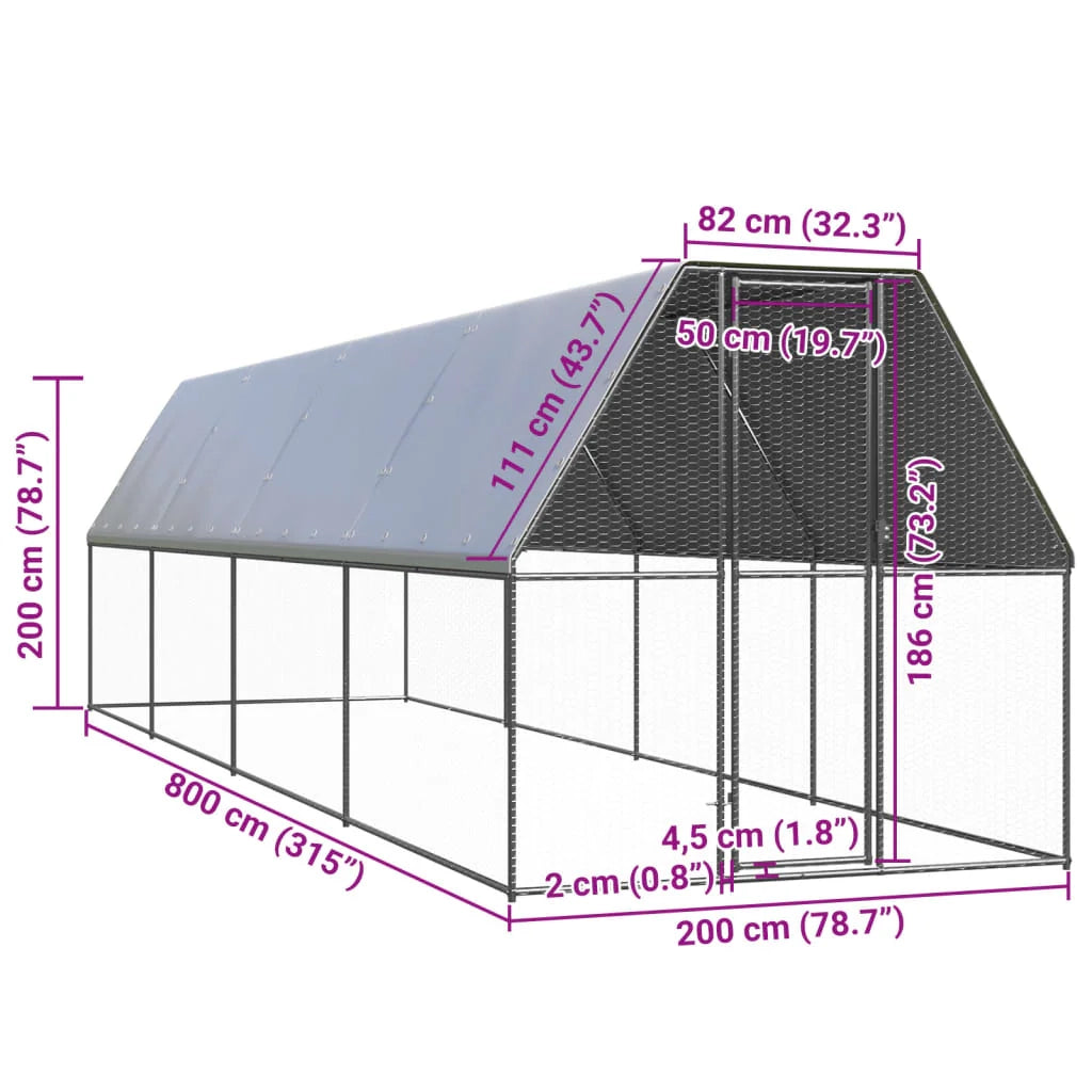 Recinto per pollaio gabbia per polli da esterno 2 x 8 x 2 m acciaio zincato argento 02_0043995