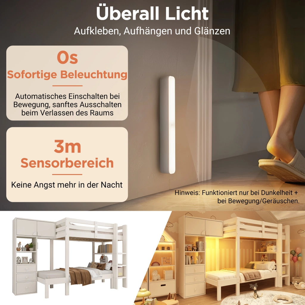 Letto a castello sfalsato 90x200 bianco con armadio e luce LED