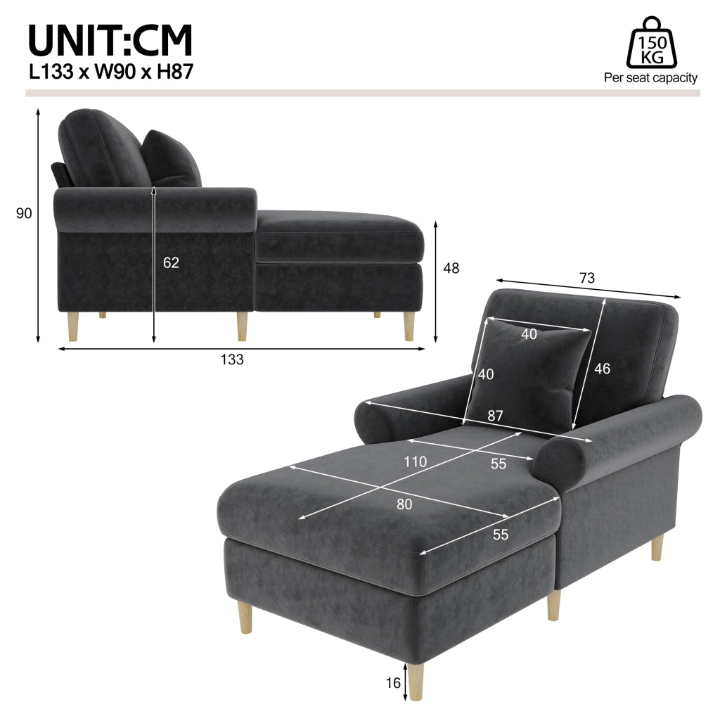 Poltrona relax reclinabile in velluto grigio; 133x87x90 cm; 1 posto