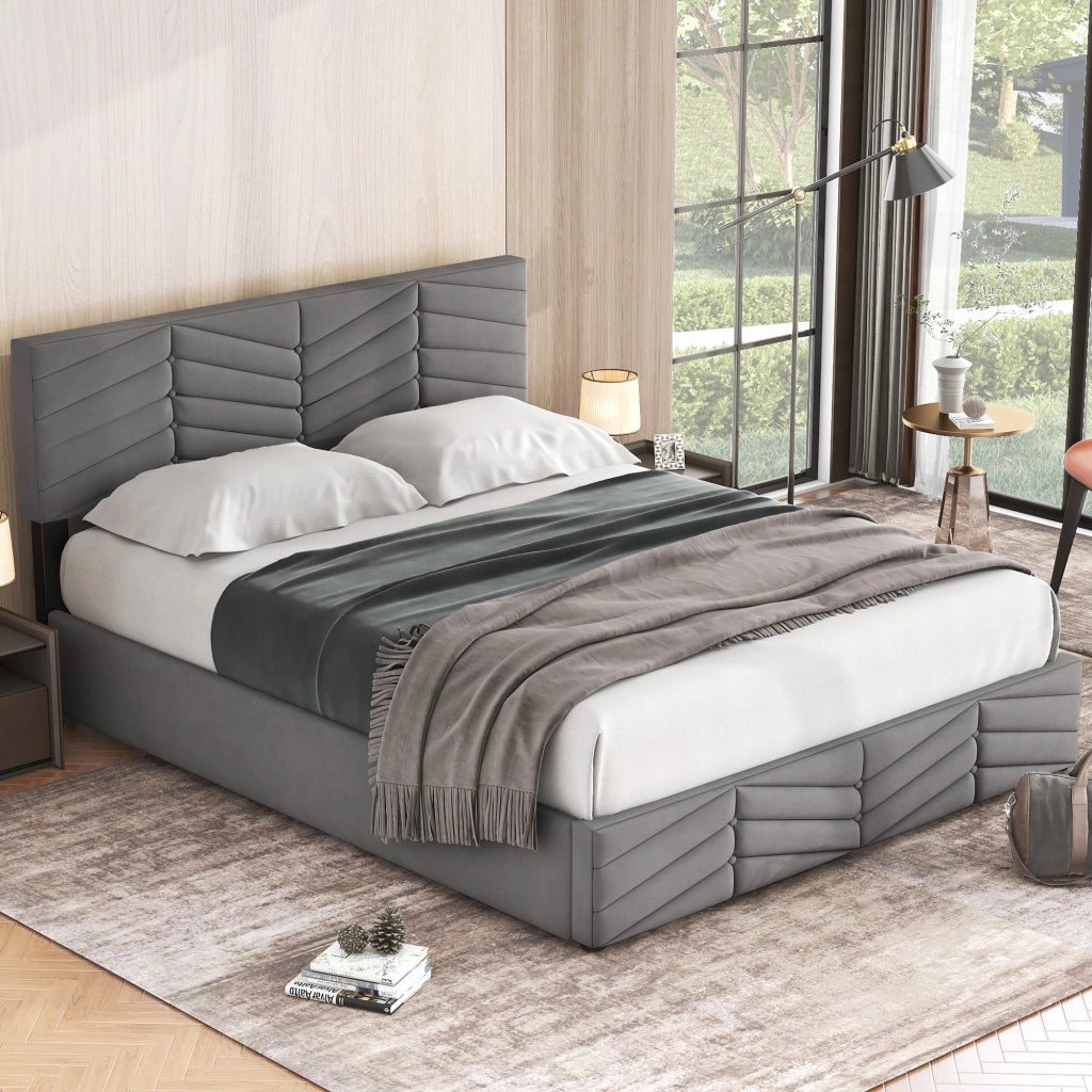 Letti contenitori 140x200 cm; contenitore idraulico; velluto; grigio (Senza materasso)