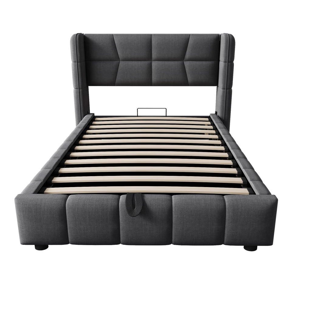 Letto singolo 90 x 200 cm, testiera imbottita, vano portaoggetti, tessuto di lino, grigio