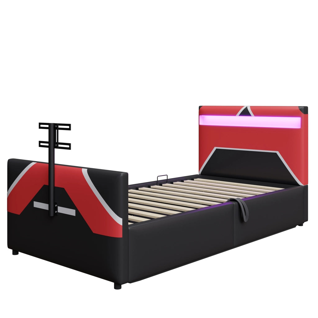 Letto imbottito per bambini 90x200 cm in stile e-sport con LED; TV e contenitore; nero