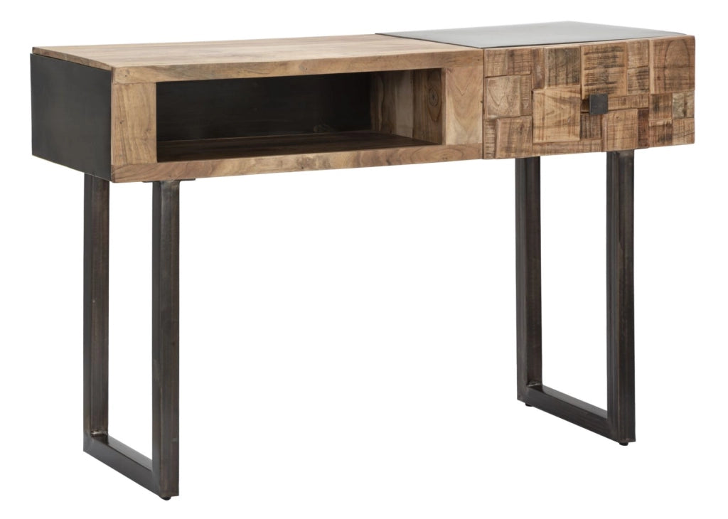 Consolle in legno di acacia e metallo, cassetto 118x40x79cm Mumbai