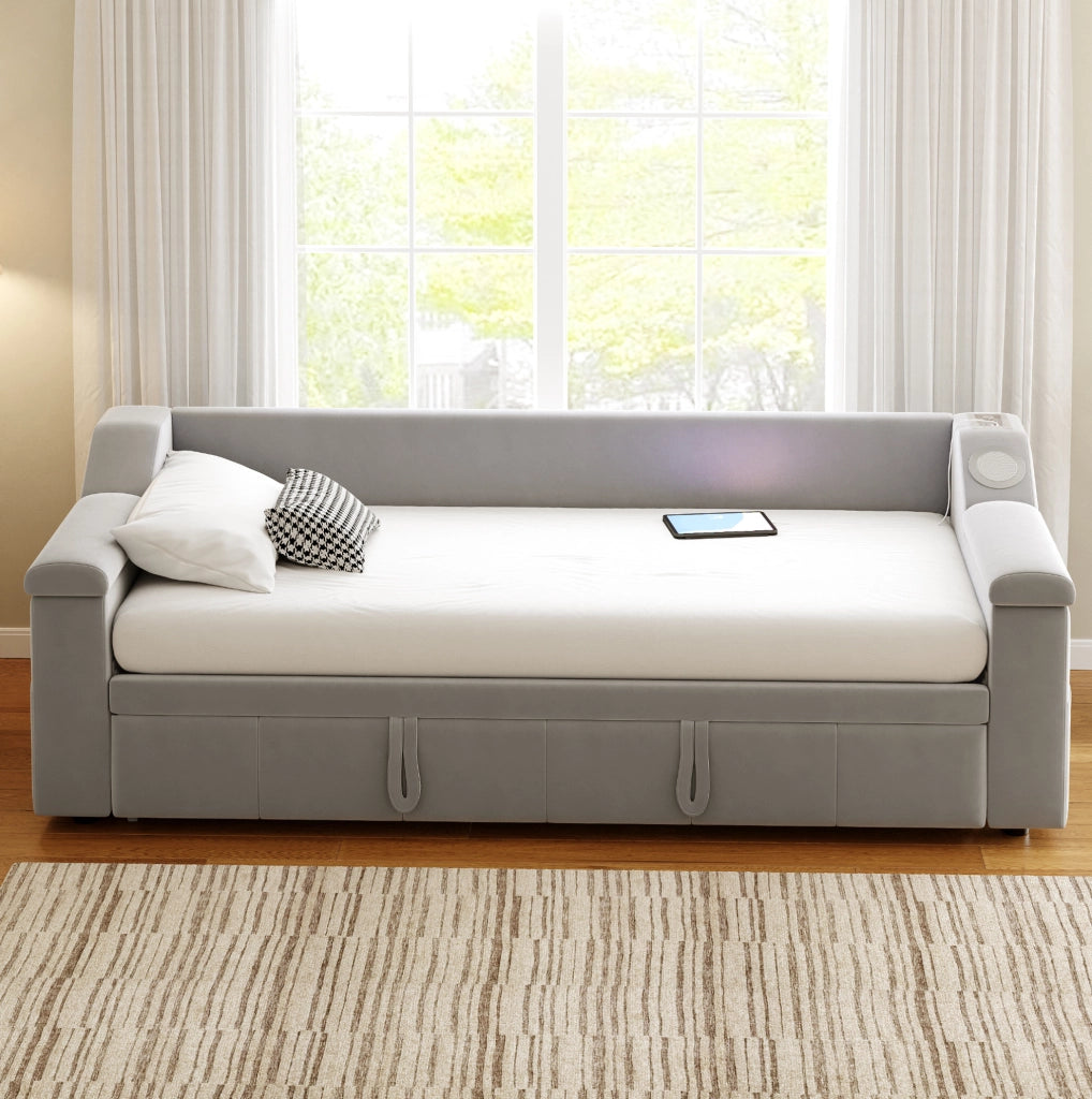 Divano letto imbottito con Bluetooth; USB e scomparti nei braccioli; 90/180x190 cm; grigio