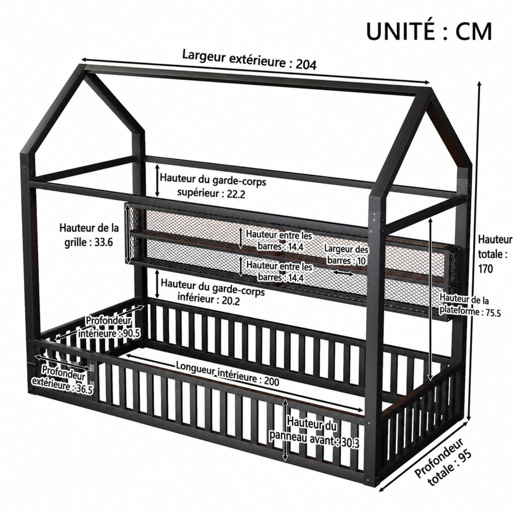 DESMIU Letto a Casetta per Bambini 1 Posto con Sponda e LED 90 × 200 cm, senza materasso, in Metallo, Nero