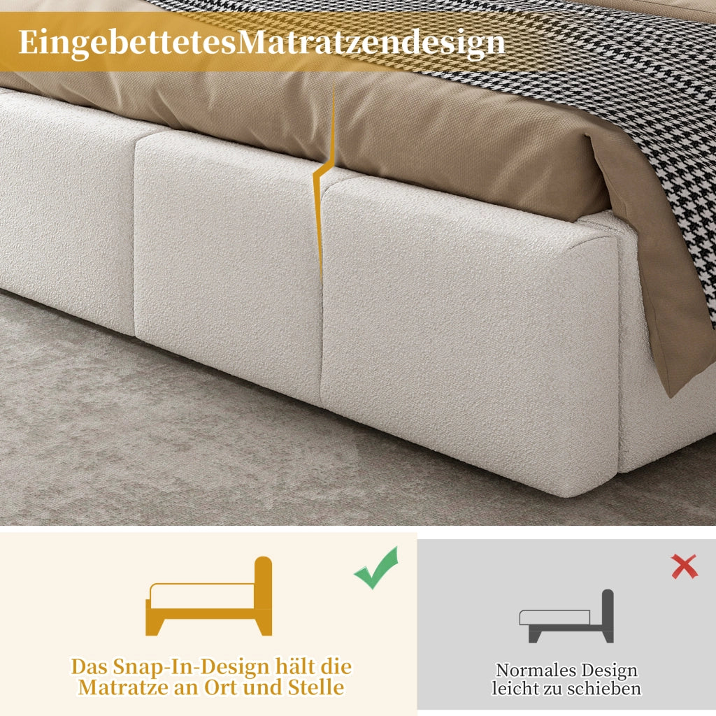 Letto Matrimoniale 180x200 cm; 2 Posti - Testiera Imbottita; Struttura Incassata in Bouclé Beige