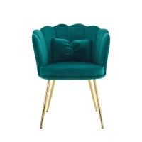 Poltrona Design Moderna in Velluto per Soggiorno con Schienale a Petalo e Gambe Metalliche Dorate, Cuscino a Farfalla, 62x54x43 cm, Verde