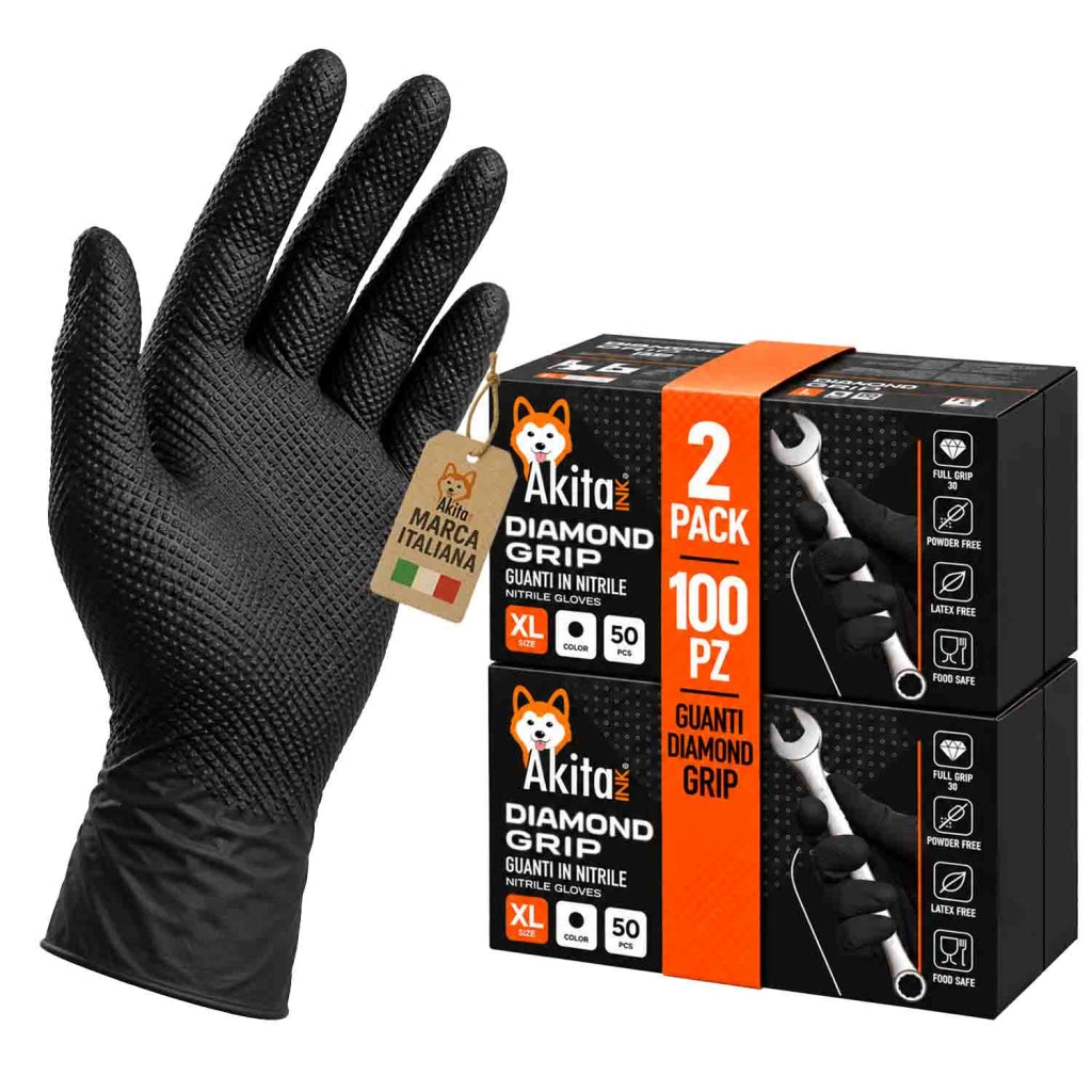Akitaink 100 Guanti Diamond Grip in Nitrile Nero Taglia XL