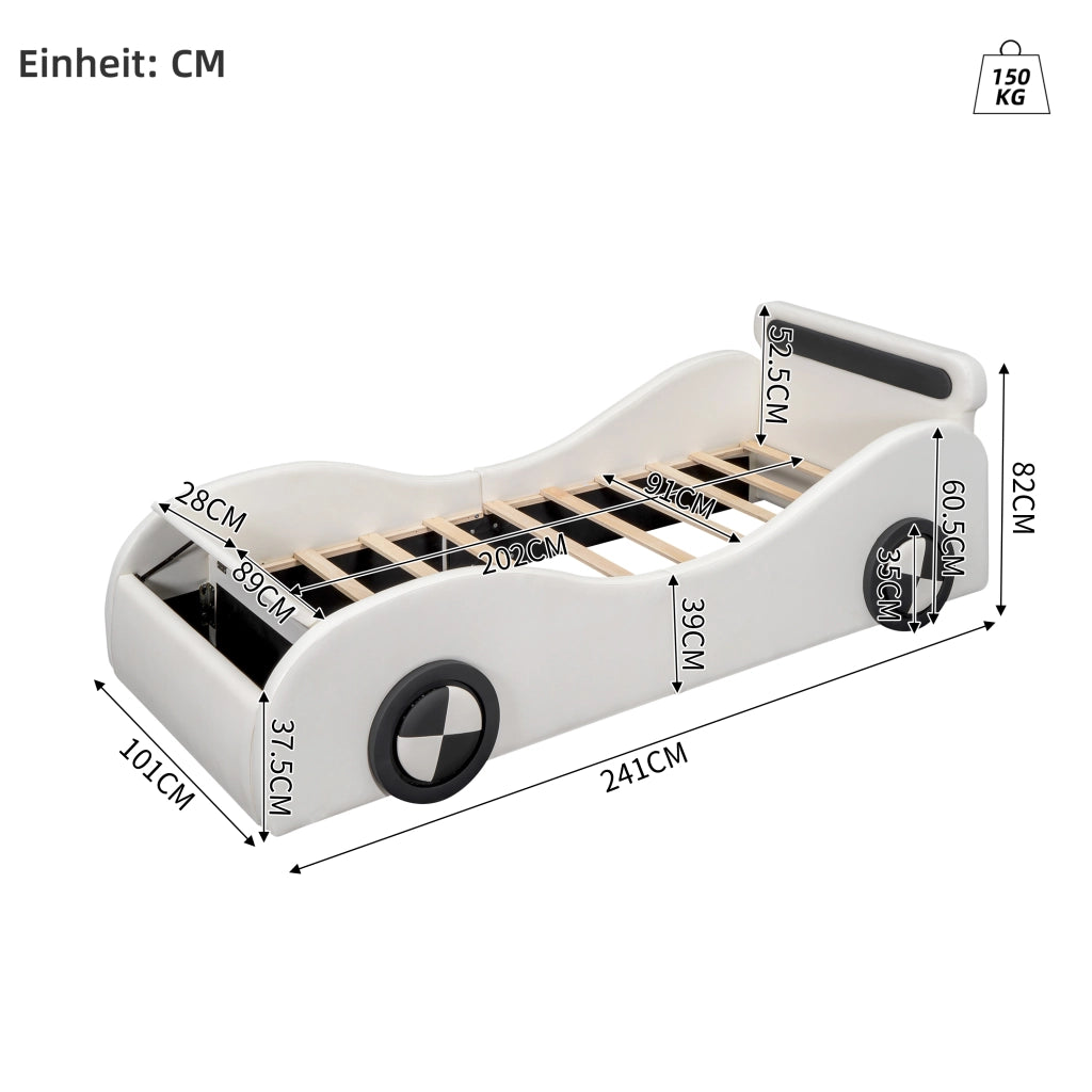 OKWISH Letto Bambino 90×200 cm, Letto Singolo a Forma di Auto con Ruote Luminose, Vano Contenitore, senza Materasso, PU Bianco